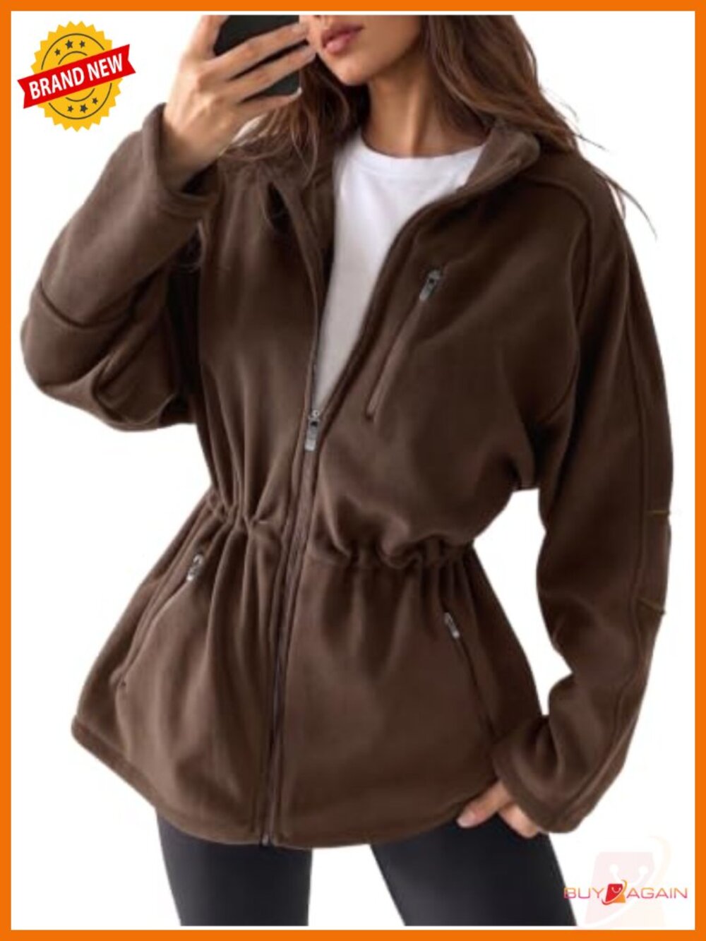 Fuzzy Fleece Zip Up Anorak Jacket Drawstring Waist Oversized Hooded